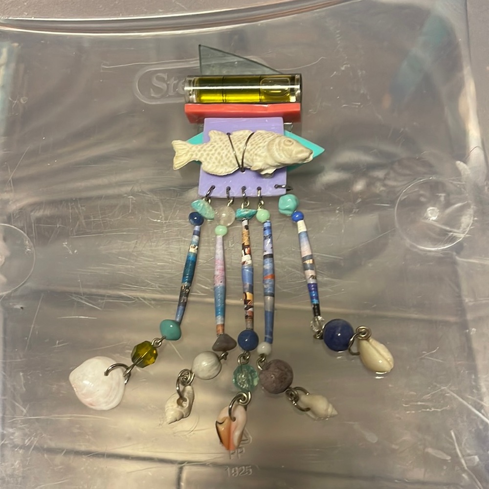 Vintage Sabo Rare 1989 brooch with fish , level shells